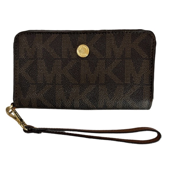 Michael Kors Wristlet Wallet Brown Monogram Pattern Neutral Classic Luxury - Picture 2 of 13